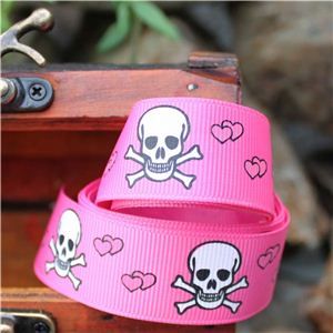 Pirate Ribbon - Skull & Cross Bones Hearts/Shocking